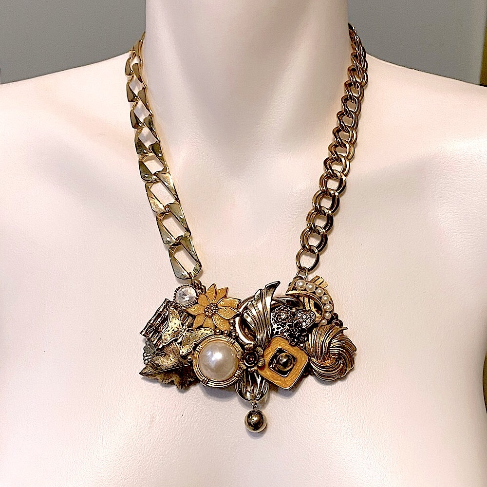 Vintage Repurposed Mixed Media Assemblage Collage Statement Necklace Artisan - Picture 2 of 10